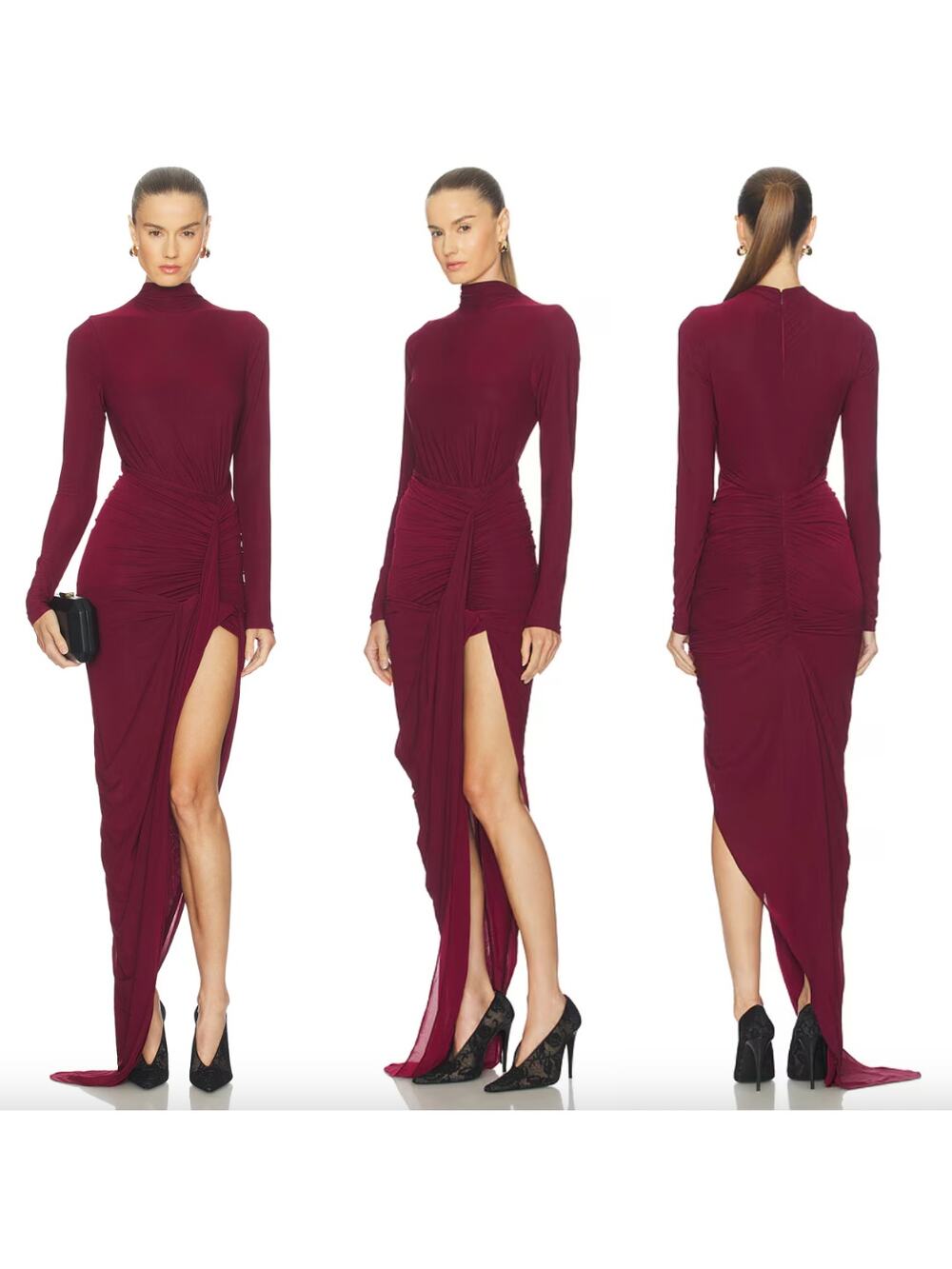 Ronny Kobo | Sera Dress in Port Long Sleeve Asymmetrical Side Slit Maxi S